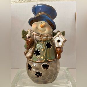 Vtg Kirkland Potter's Garden Snowman bird/birdhouse tealight holder. No box NWOT